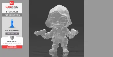 Chibi gangster ghoul with a hood, grinning, holding two guns, wearing a jacket and pants.