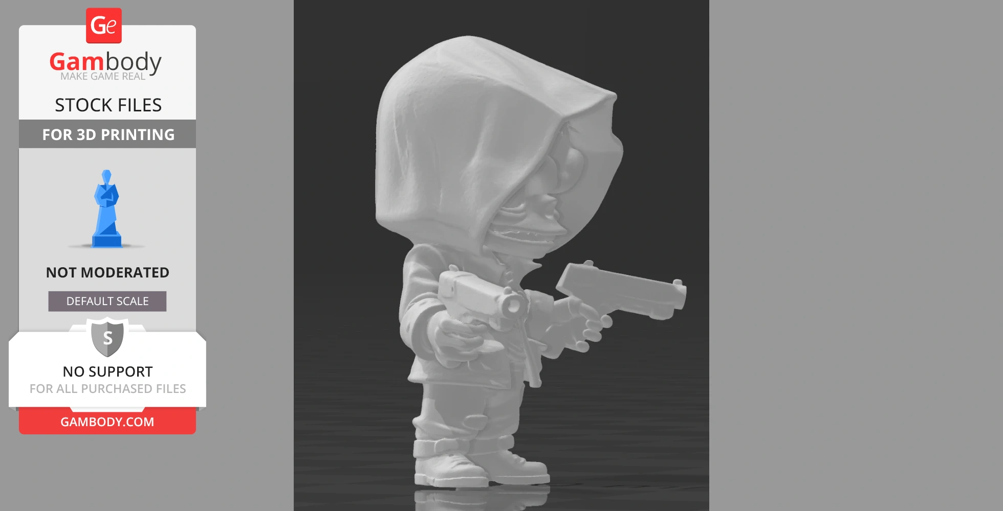 Chibi-style gangster ghoul with a hood, wielding two guns, ready for 3D printing.