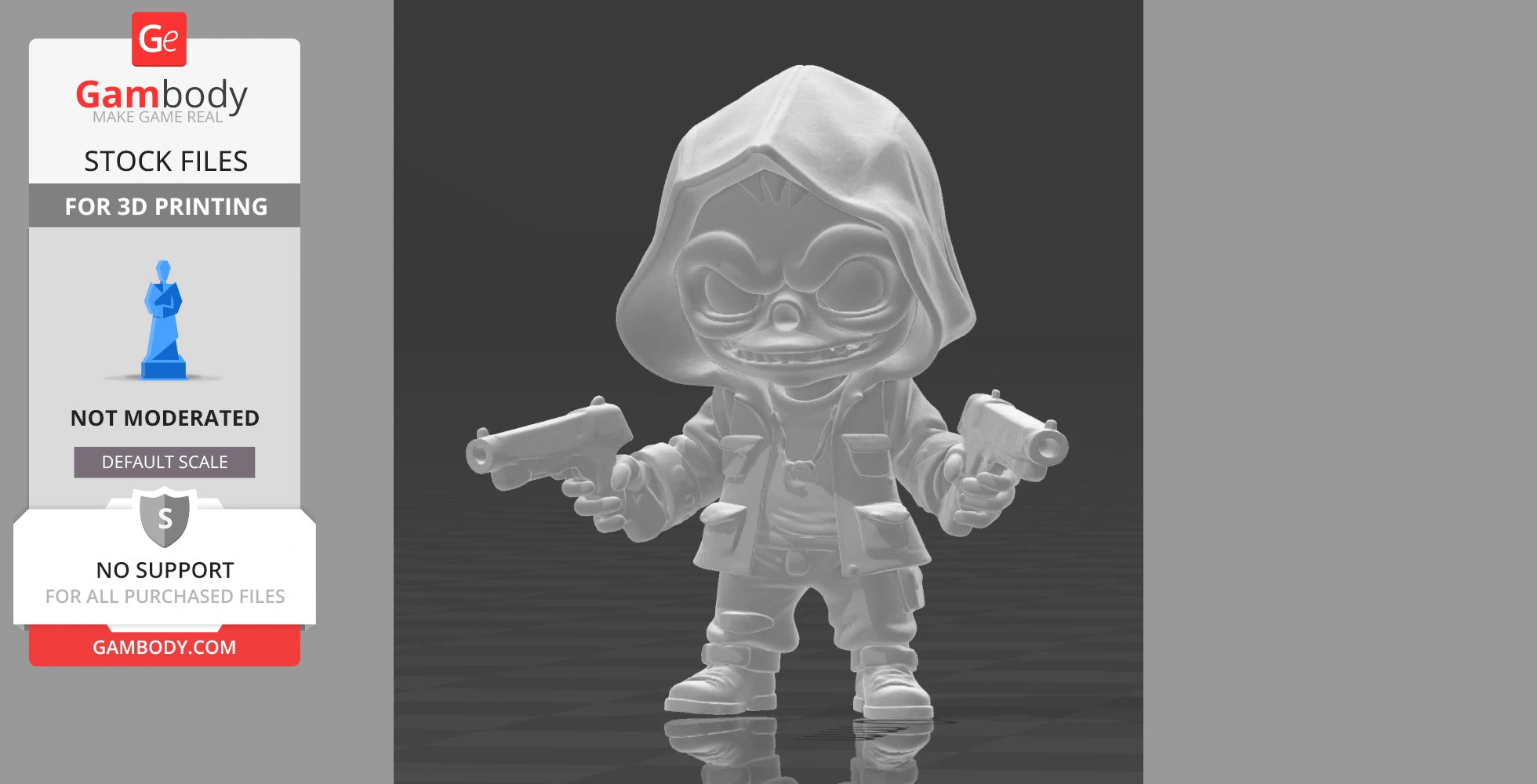 Chibi gangster ghoul with a hood, grinning, holding two guns, wearing a jacket and pants.