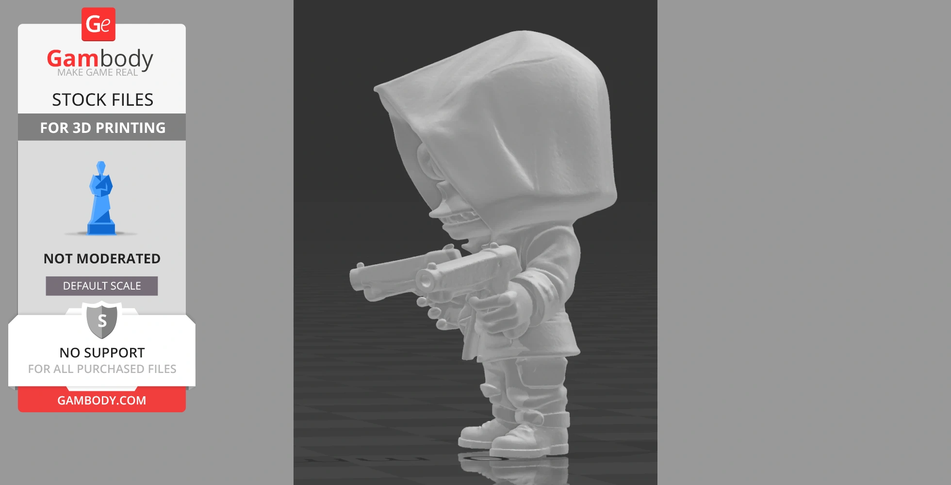 Chibi-style ghoul gangster with a hood, dual-wielding guns, in a cartoonish pose.