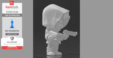 Chibi-style gangster ghoul with a hood, wielding two guns, ready for 3D printing.