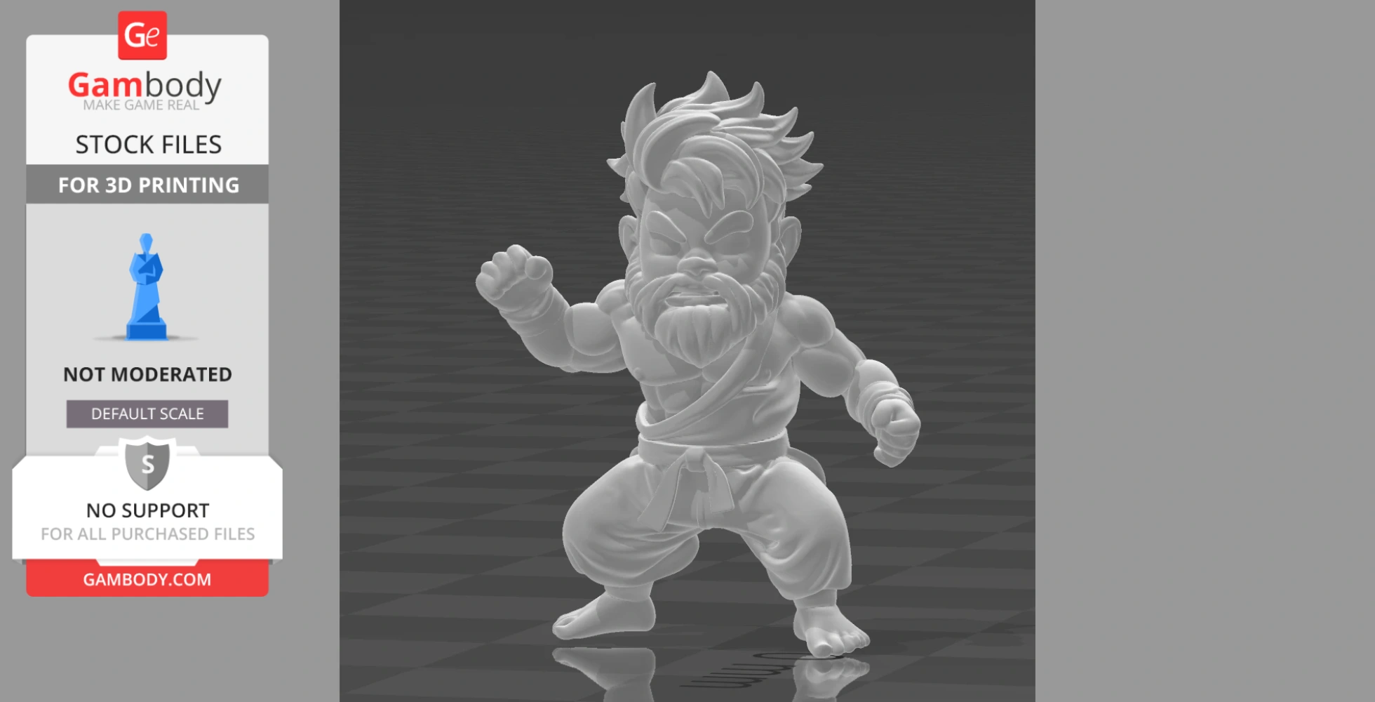 Chibi-style fighter figure with spiky hair and martial arts outfit, ready for 3D printing.