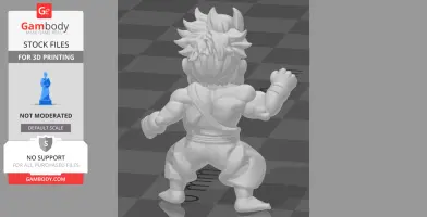 Chibi-style 3D model of a muscular, martial artist with spiky hair, viewed from the back, ready for printing.