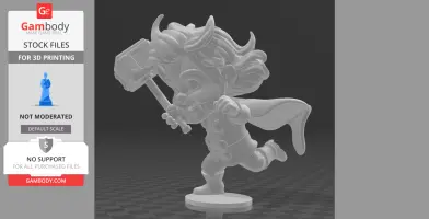 Chibi-style superhero holding a hammer, running with a cape, for 3D printing.