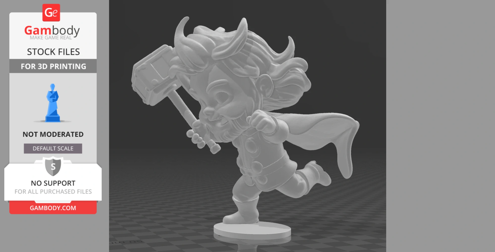 Chibi-style superhero holding a hammer, running with a cape, for 3D printing.