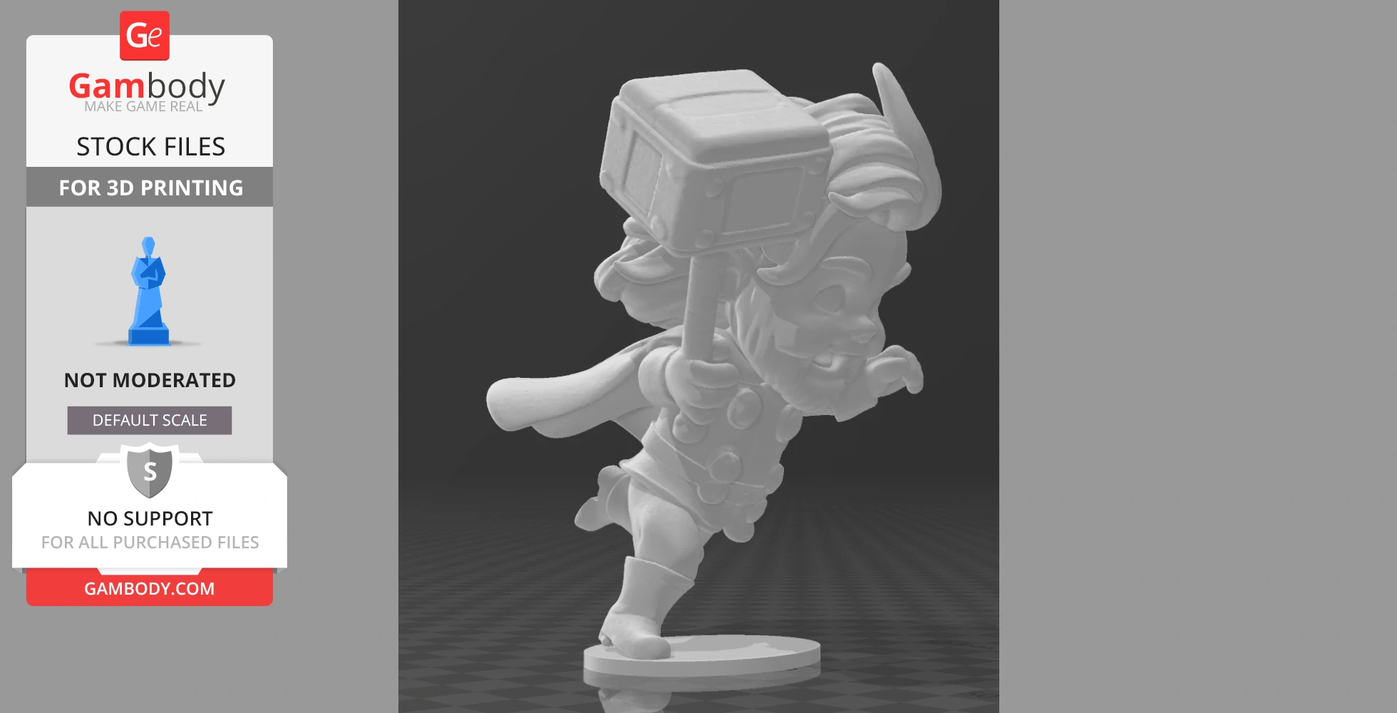 A chibi-style figure of Thor holding a hammer, depicted in a dynamic pose for 3D printing.