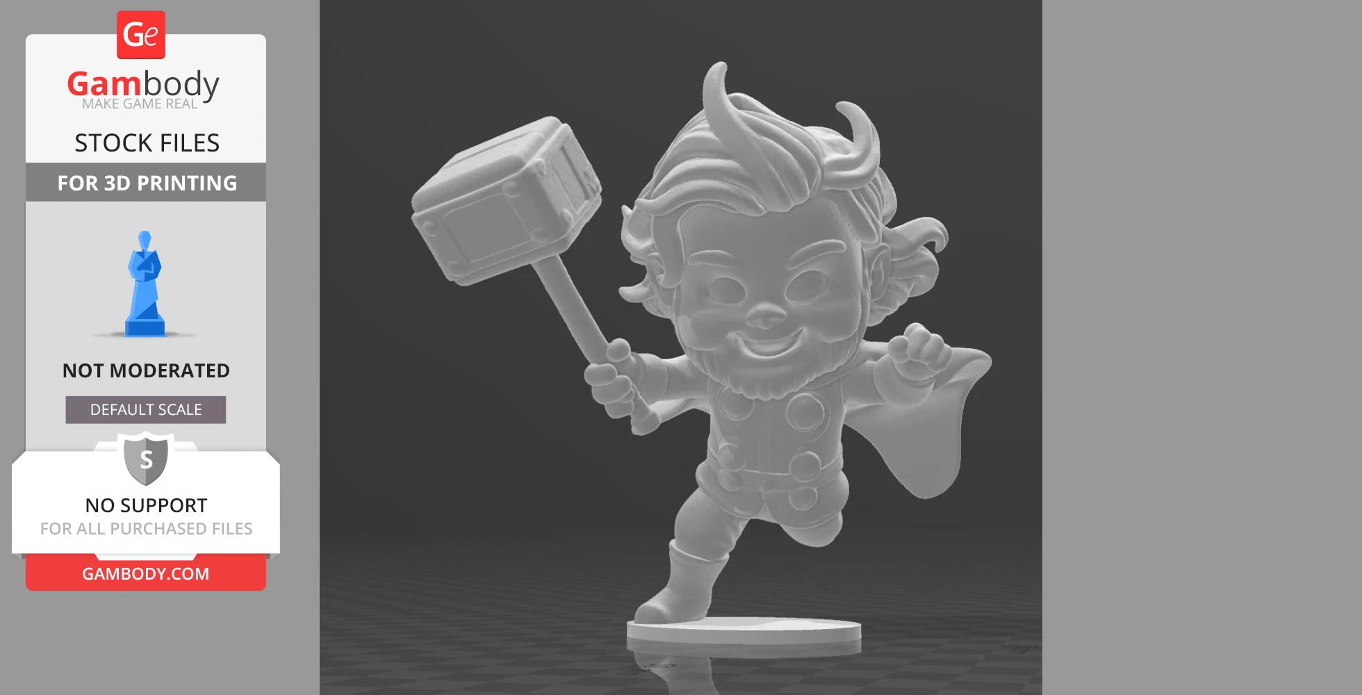 Chibi-style figure wielding a hammer, resembling a Norse god with a cape, intended for 3D printing.
