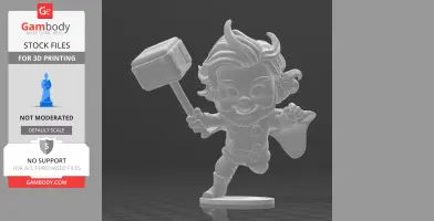 Chibi-style figure wielding a hammer, resembling a Norse god with a cape, intended for 3D printing.