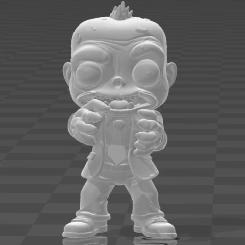 Chibi-style zombie figurine, exaggerated features, mohawk, wearing a suit, arms raised in a playful pose.
