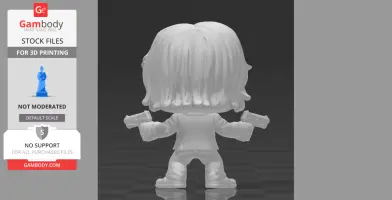 Chibi 3D character with long hair, holding two guns, viewed from behind.