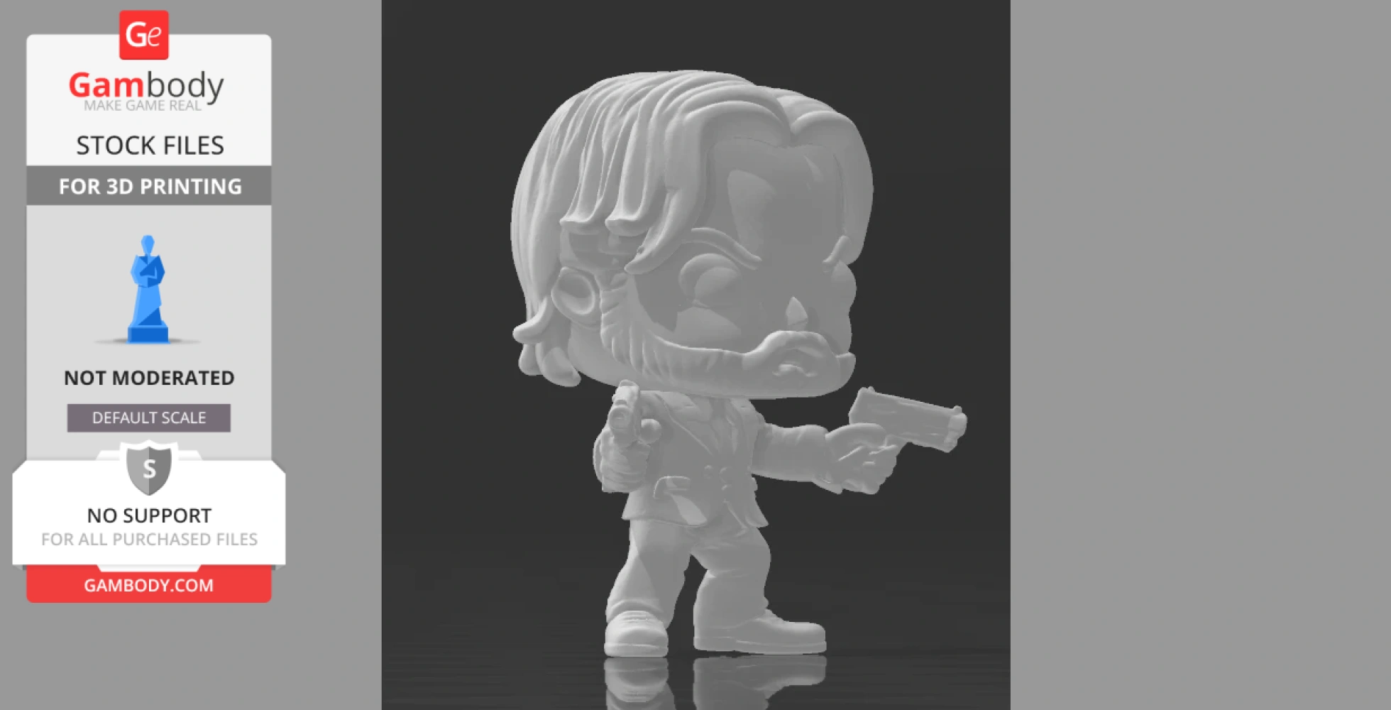 Chibi-style figure with styled hair, holding a gun in a dynamic pose, designed for 3D printing.