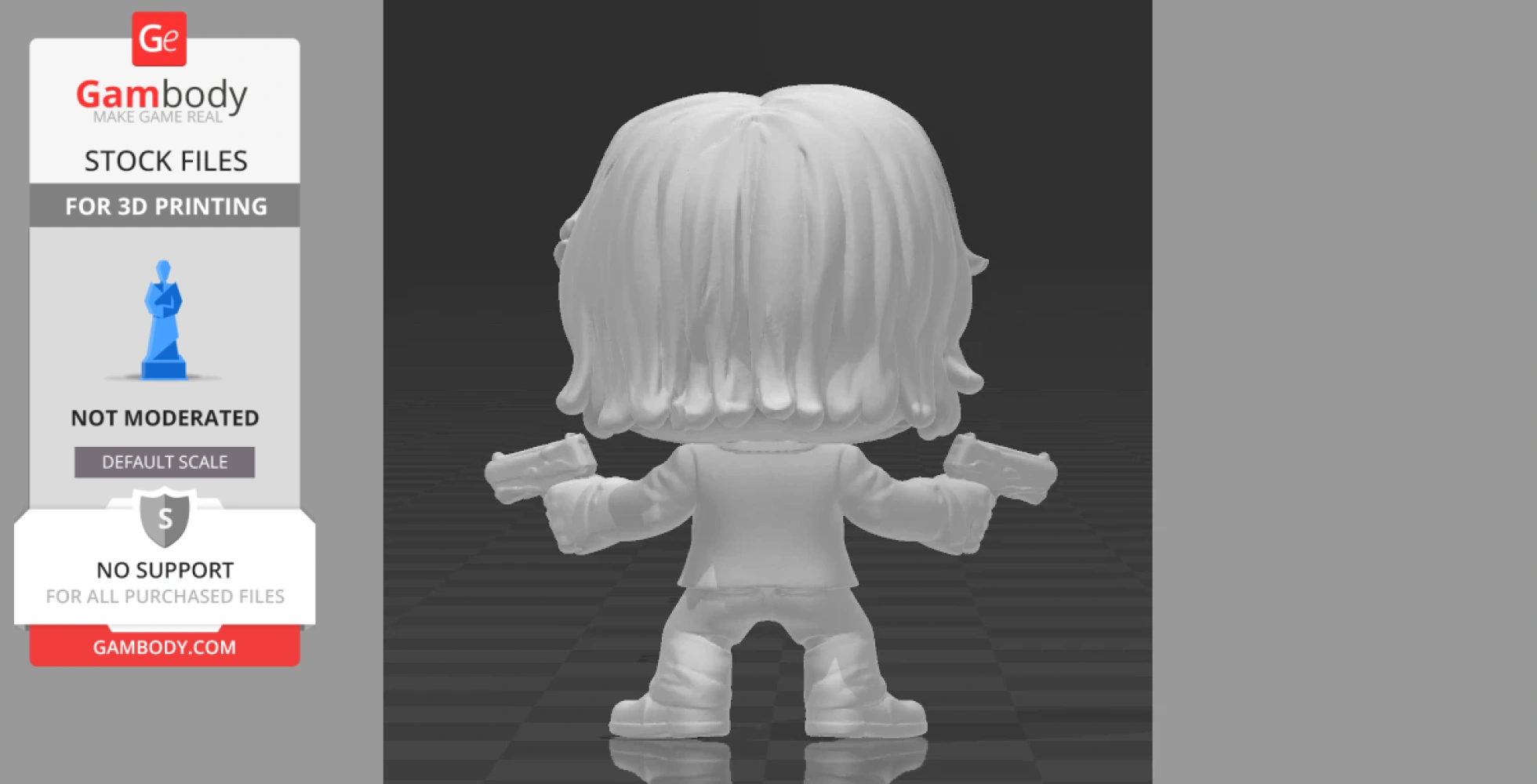 Chibi 3D character with long hair, holding two guns, viewed from behind.