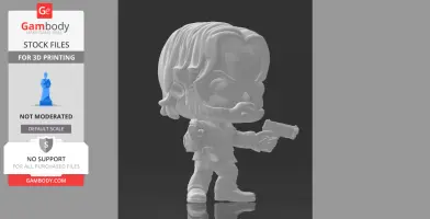 Chibi-style figure with styled hair, holding a gun in a dynamic pose, designed for 3D printing.