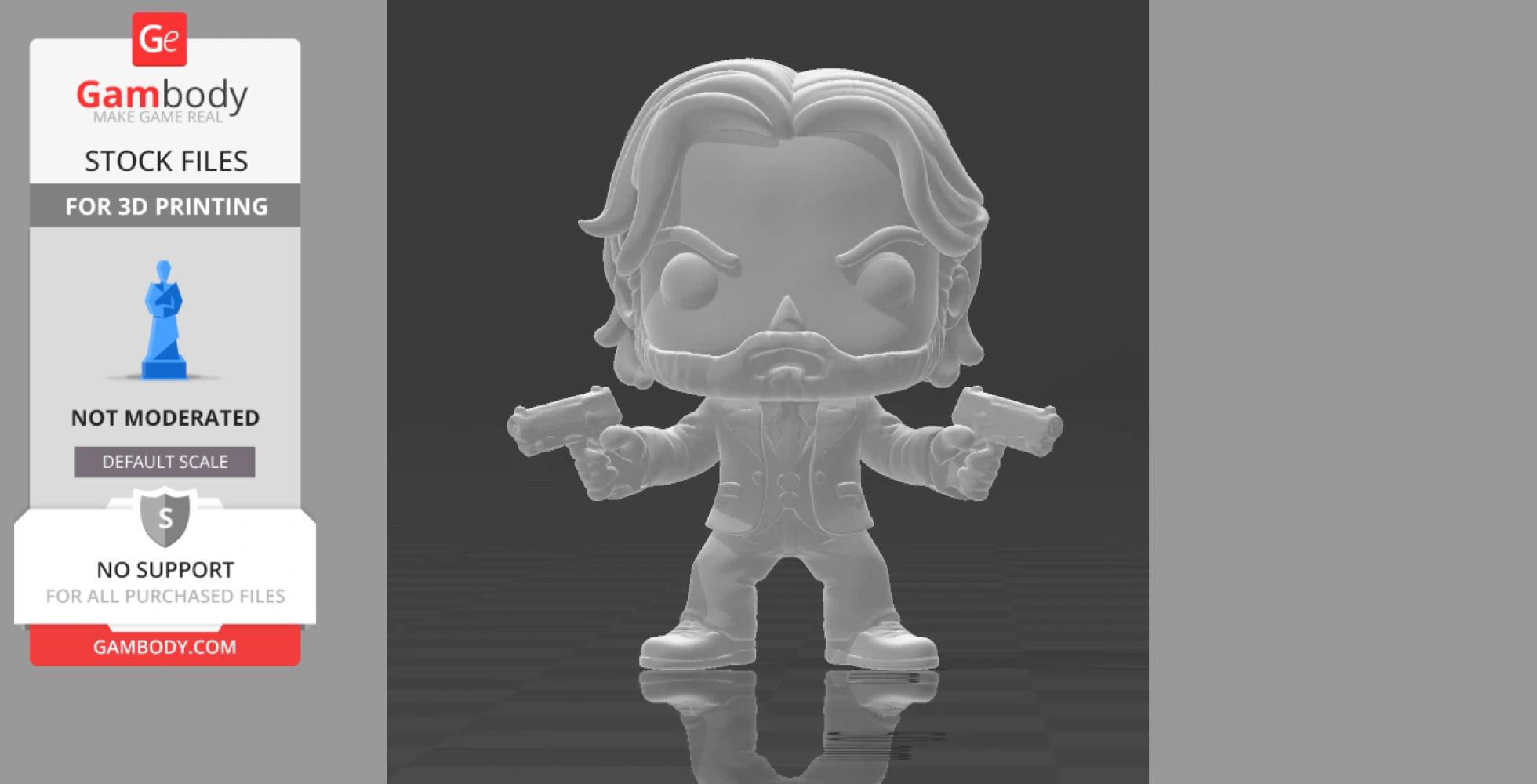Chibi-style figure with long hair and a beard, holding two guns. Designed for 3D printing.