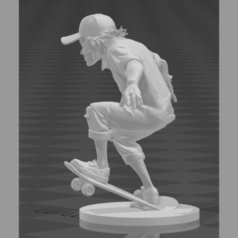 Zombie skater figure mid-trick on a skateboard, wearing a cap, hoodie, and backpack.