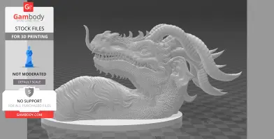3D printable model of a detailed dragon head with large horns for wall mounting.