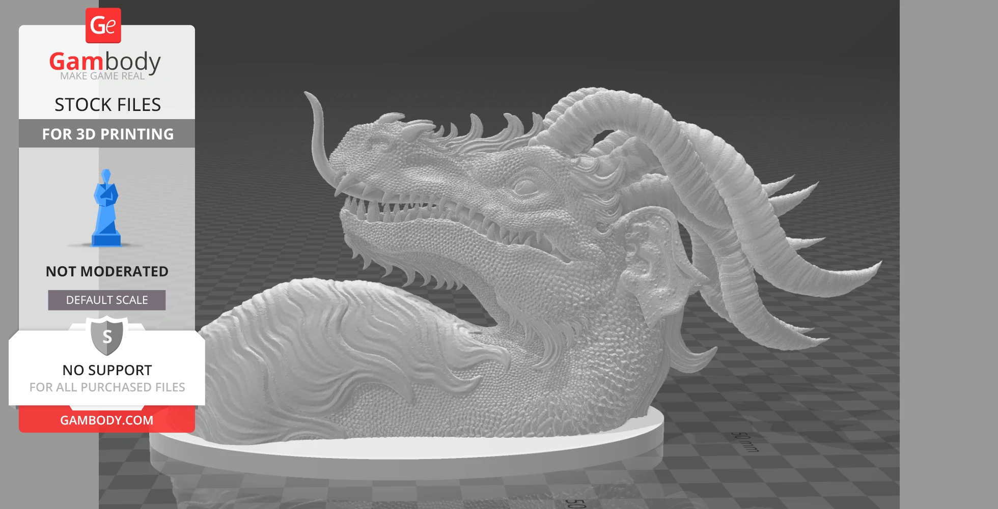 3D printable model of a detailed dragon head with large horns for wall mounting.