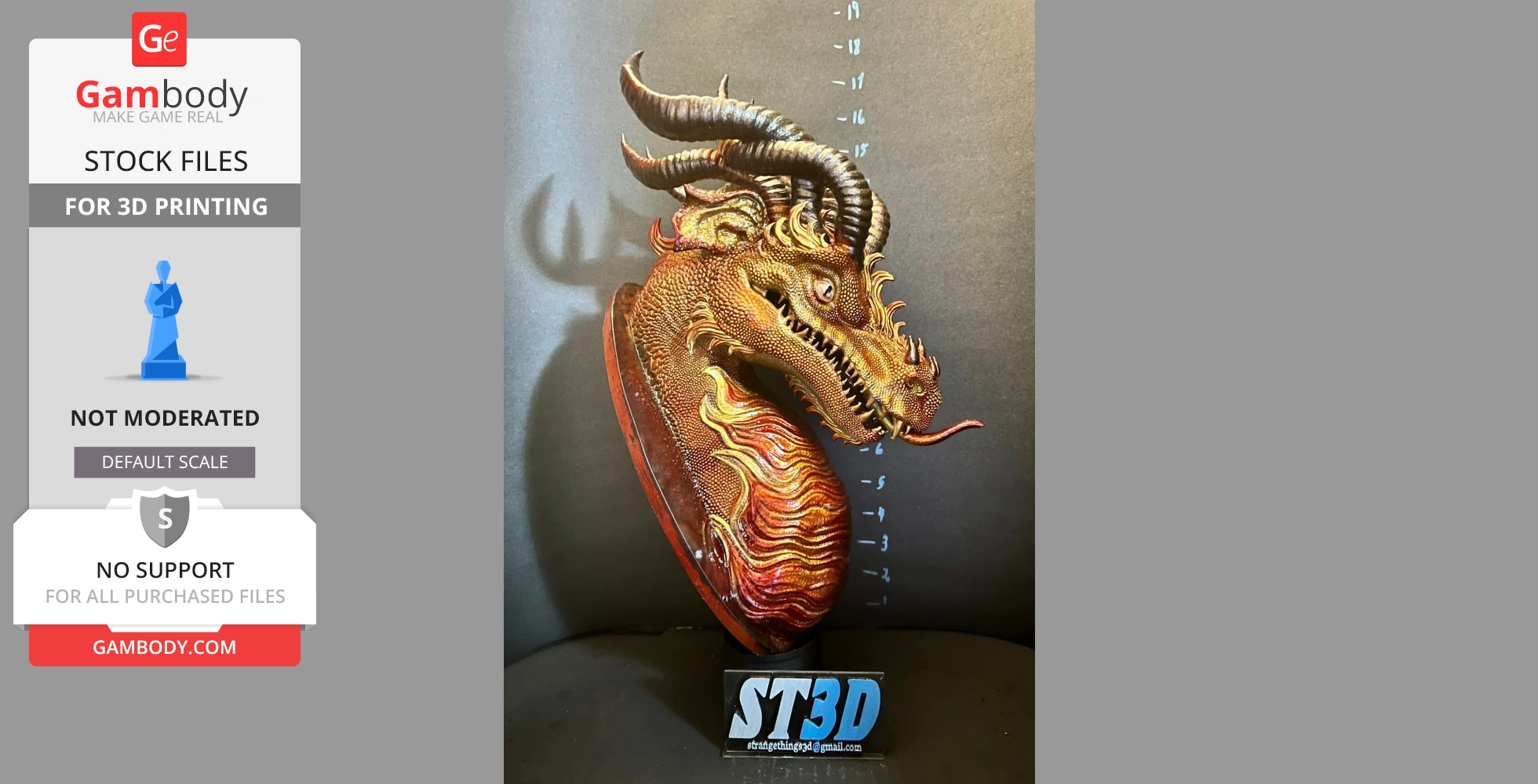 A detailed dragon head trophy with scales and horns, mounted on a wooden plaque.