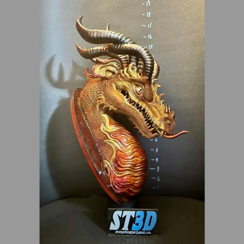 Mounted dragon head trophy with horns and flames, designed for 3D printing.