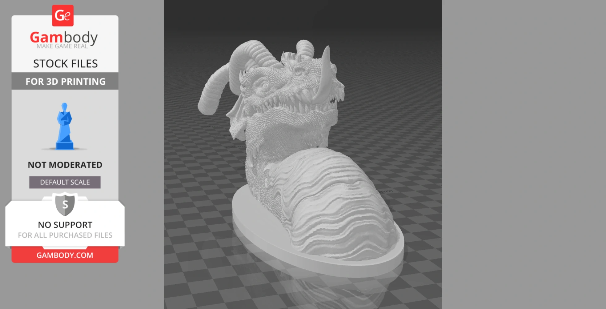 3D model of a detailed dragon head trophy for wall mounting, featuring horns and textured scales.