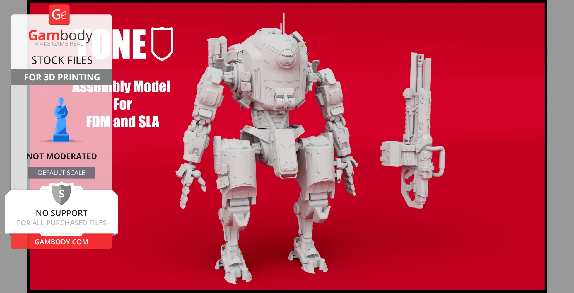 3D model of a mech with detachable weapon from 'Tone' in Titanfall 2, displayed on a red background.