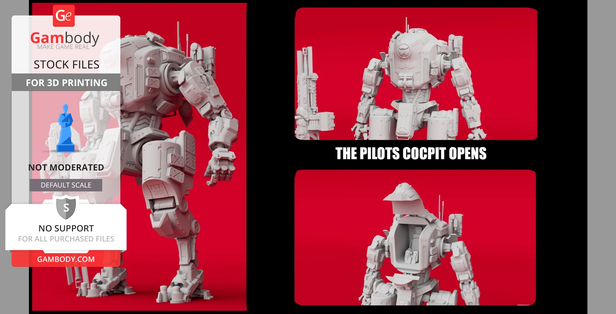 3D model of a mech from Titanfall 2 with a detailed, openable cockpit on a red background.