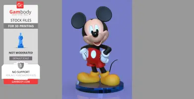 Classic cartoon mouse 3D model in red shorts, yellow shoes, and white gloves, standing on a blue base.