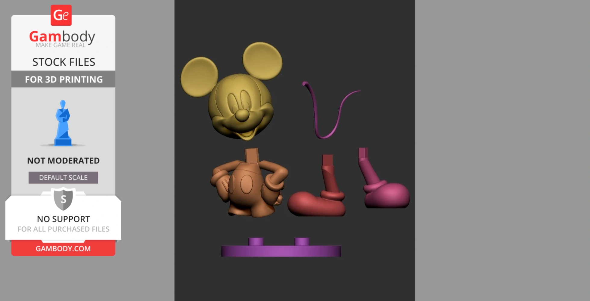 Disassembled 3D model of a cartoon mouse character for printing, featuring separate parts for assembly.