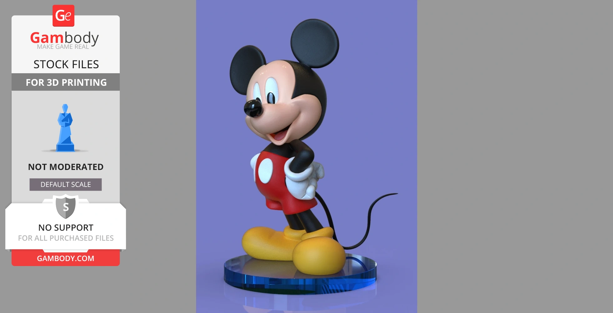 3D print model of a cartoon mouse on a round blue base, hands on hips, wearing red shorts and yellow shoes.