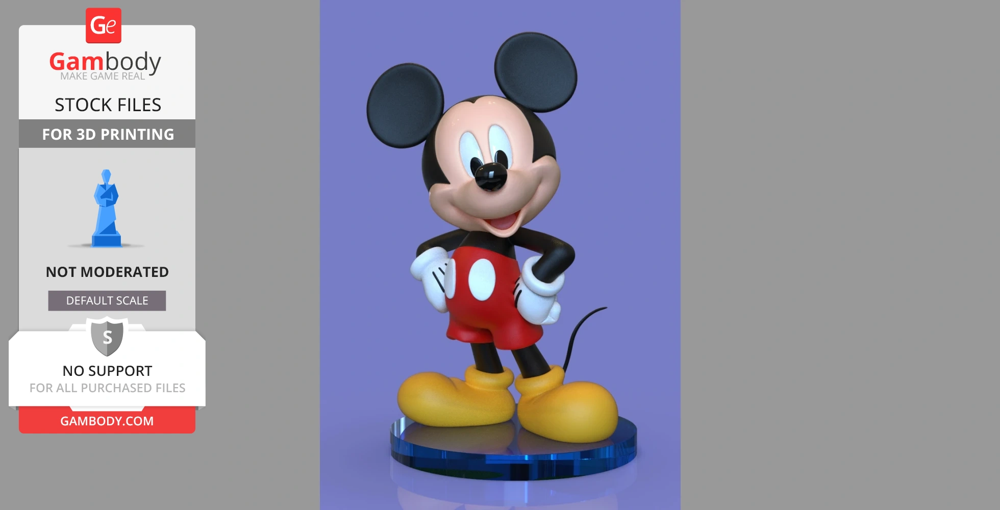 Classic cartoon mouse 3D model in red shorts, yellow shoes, and white gloves, standing on a blue base.