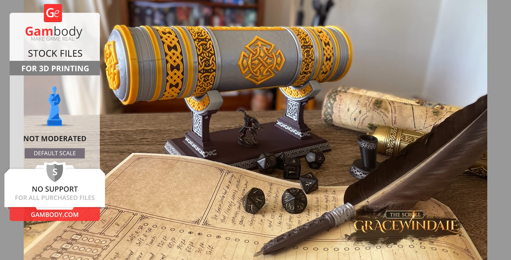 A decorative, cylindrical scroll holder with intricate patterns and a quill pen on a tabletop with dice and paper.