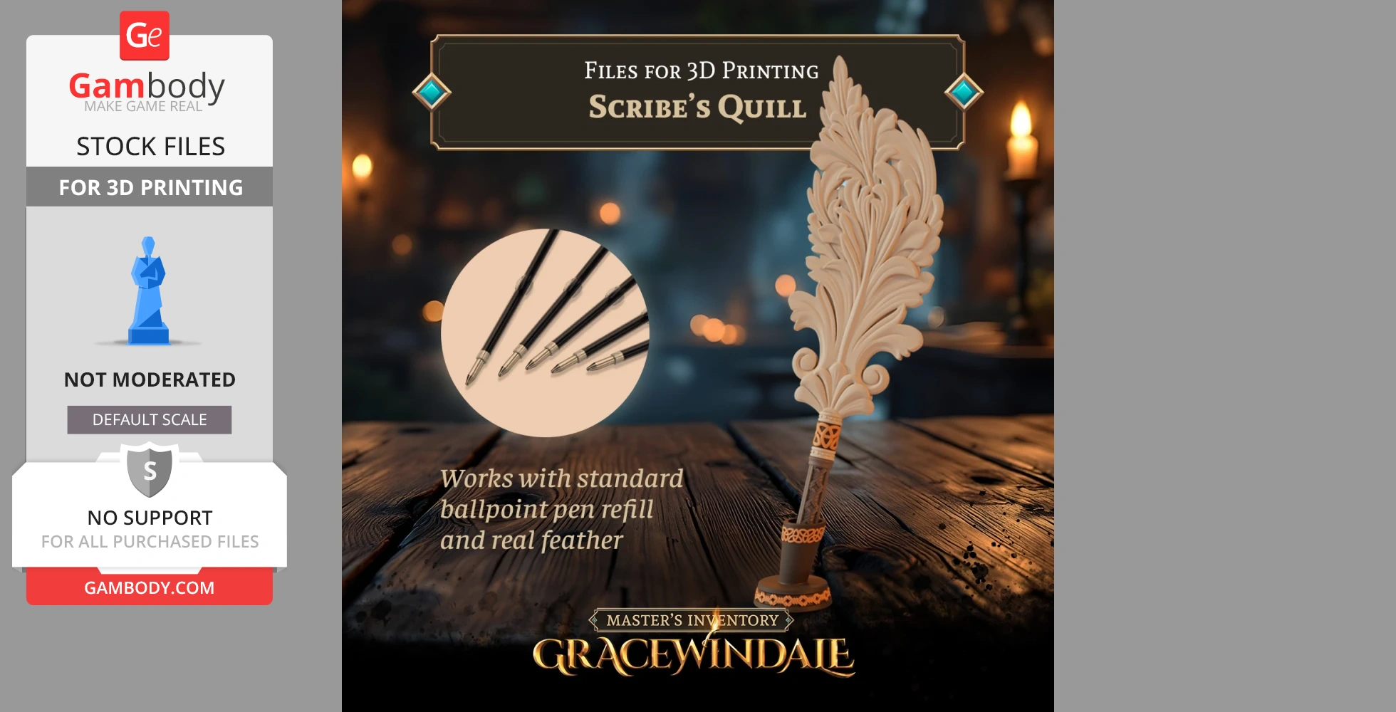 Intricately designed quill pen for 3D printing, compatible with ballpoint refills and real feathers.