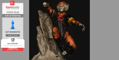 A dynamic 3D model of a feline warrior in an action pose, wearing red and black armor, standing on a rock.