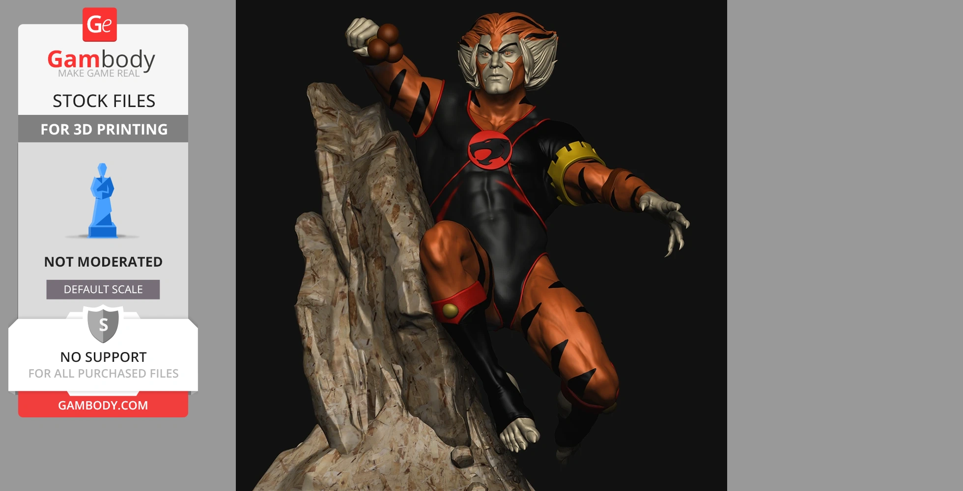 A dynamic 3D model of a feline warrior in an action pose, wearing red and black armor, standing on a rock.