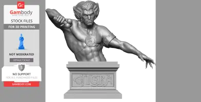 Bust of a muscular warrior with long hair, holding weapon, on a base labeled “Tygra.”