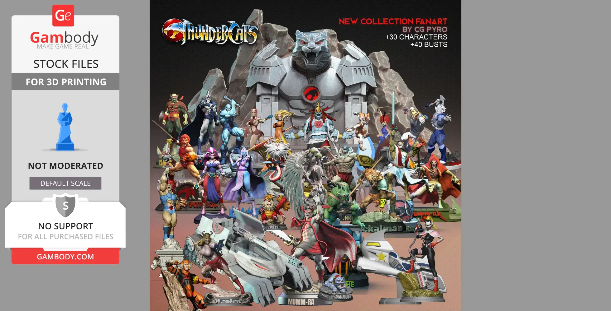 Various colorful 'Thundercats' characters and vehicles in a dynamic group display for 3D printing.