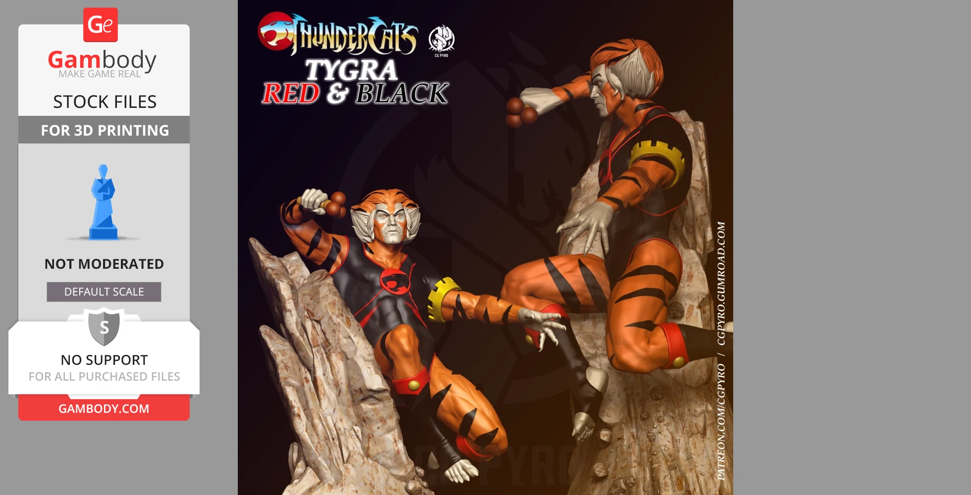 3D model of a character with tiger-like features in dynamic pose, wearing red and black suit.