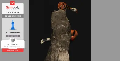 A 3D model of a character with orange hair and striped arms, partially obscured by a rock.