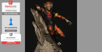 Heroic figure in red and black suit, posed dynamically by rocky terrain.