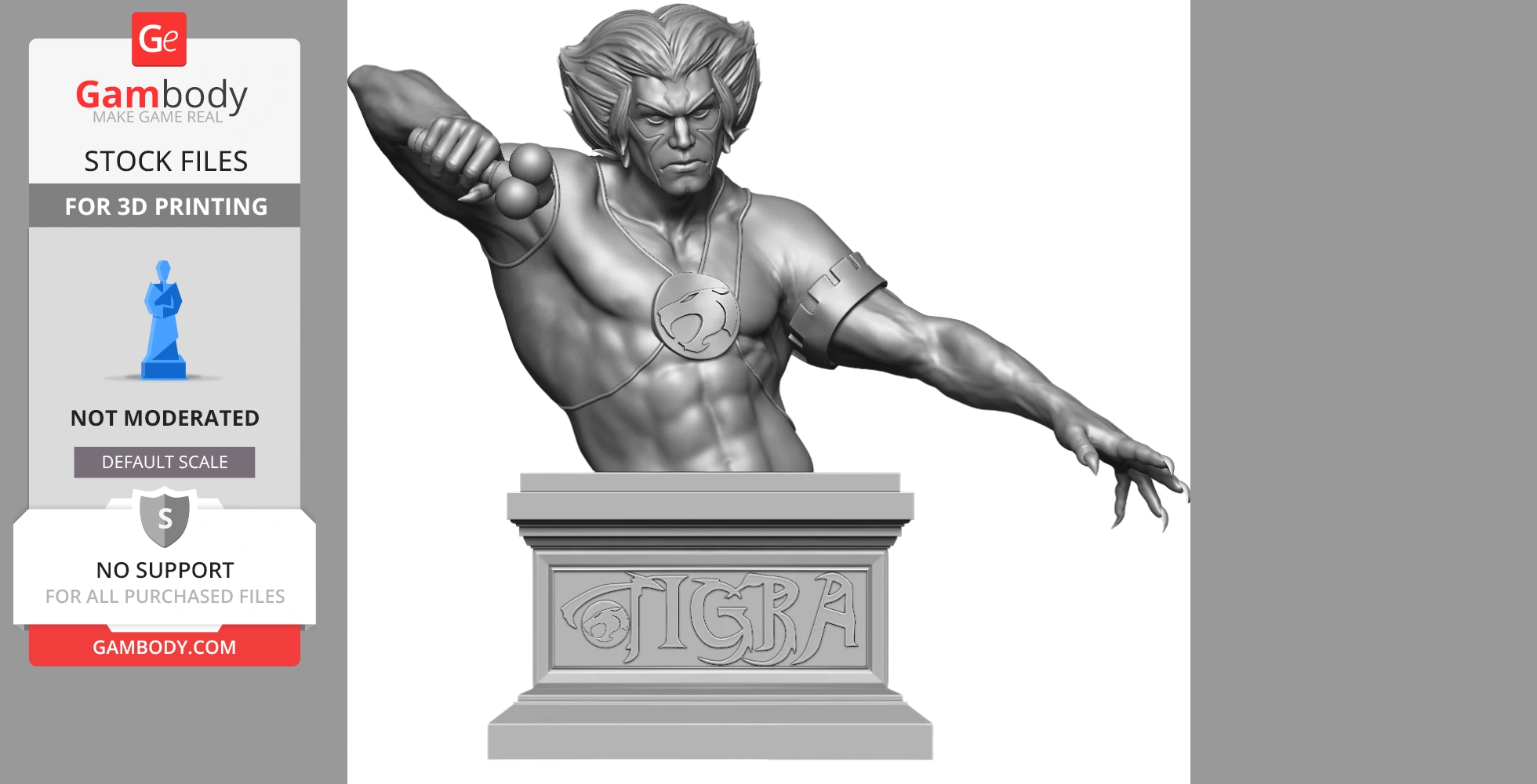 Bust of a muscular warrior with long hair, holding weapon, on a base labeled “Tygra.”