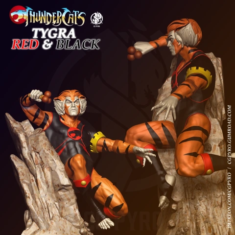 A detailed 3D model of a tiger-striped superhero in red and black attire, posed dynamically on rocky terrain.