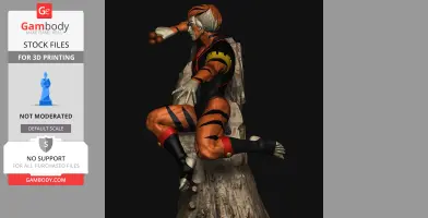 A warrior-like figure in orange and black armor, crouching on a rocky surface with dynamic pose and striped details.