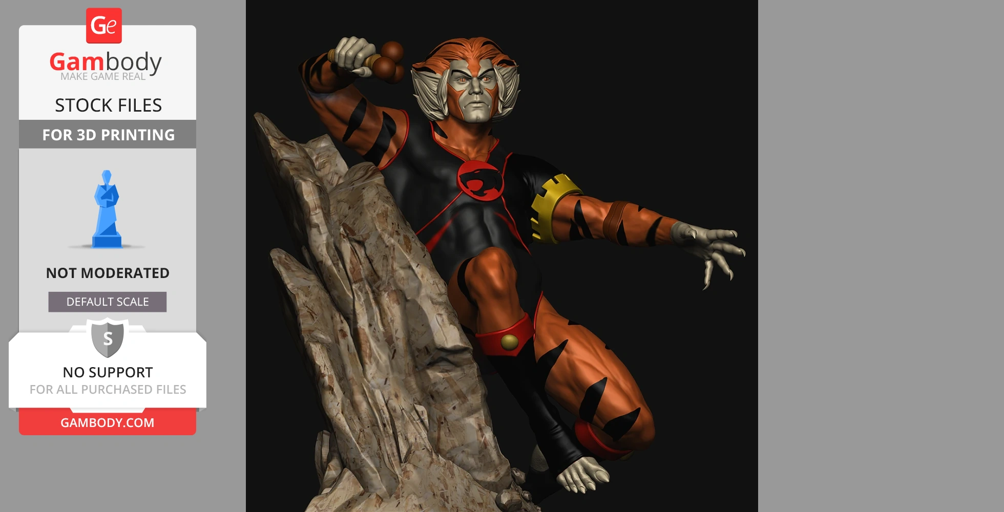 Character Tygra from Thundercats in dynamic pose, crouching on a rock, holding a weapon.