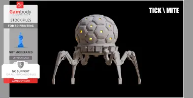 Robotic sphere with legs, featuring hexagonal panels and glowing circular elements.