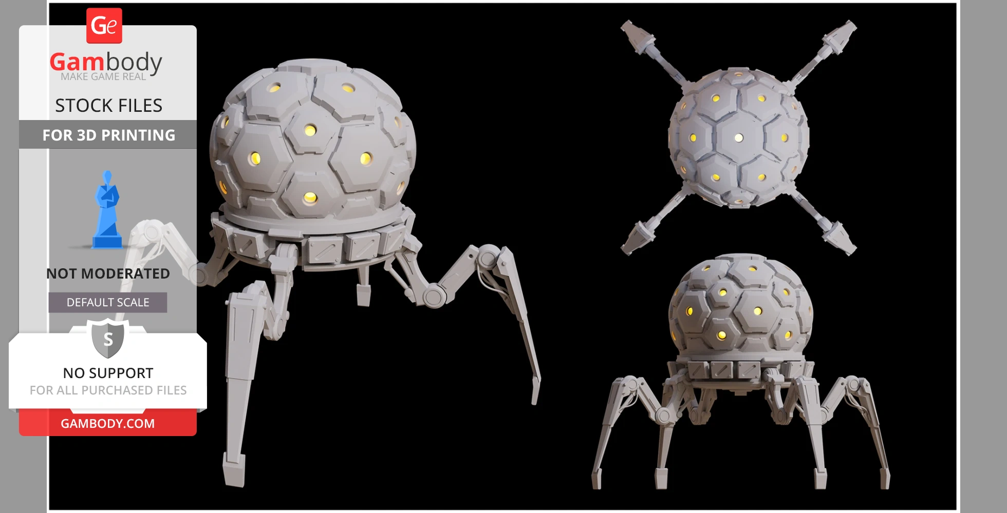 A 3D model of a robotic spherical object with hexagonal panels and mechanical legs, designed for 3D printing.