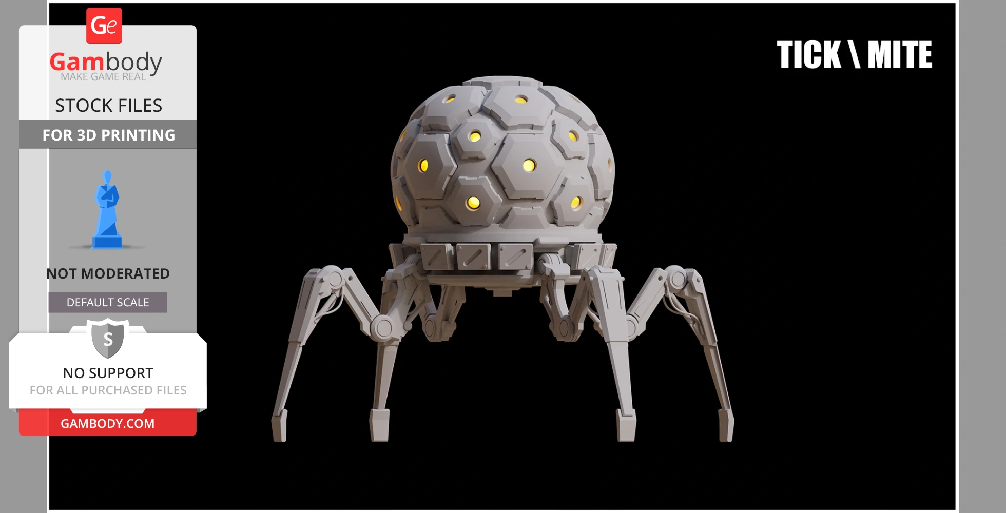 Robotic sphere with legs, featuring hexagonal panels and glowing circular elements.