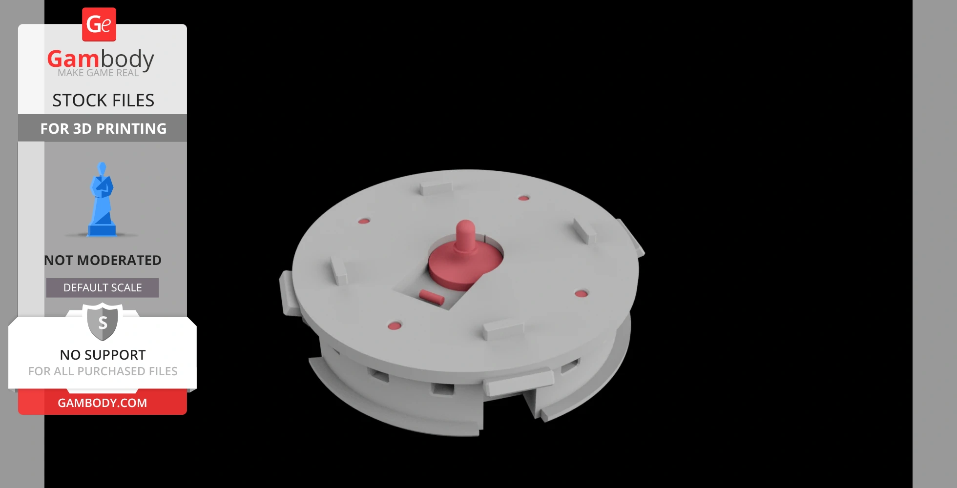 A circular 3D model featuring a two-layer design with a central red component, intended for 3D printing.