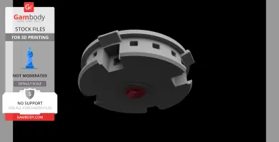 A gray, round robotic device with a red center, featuring geometric cutouts and protrusions.