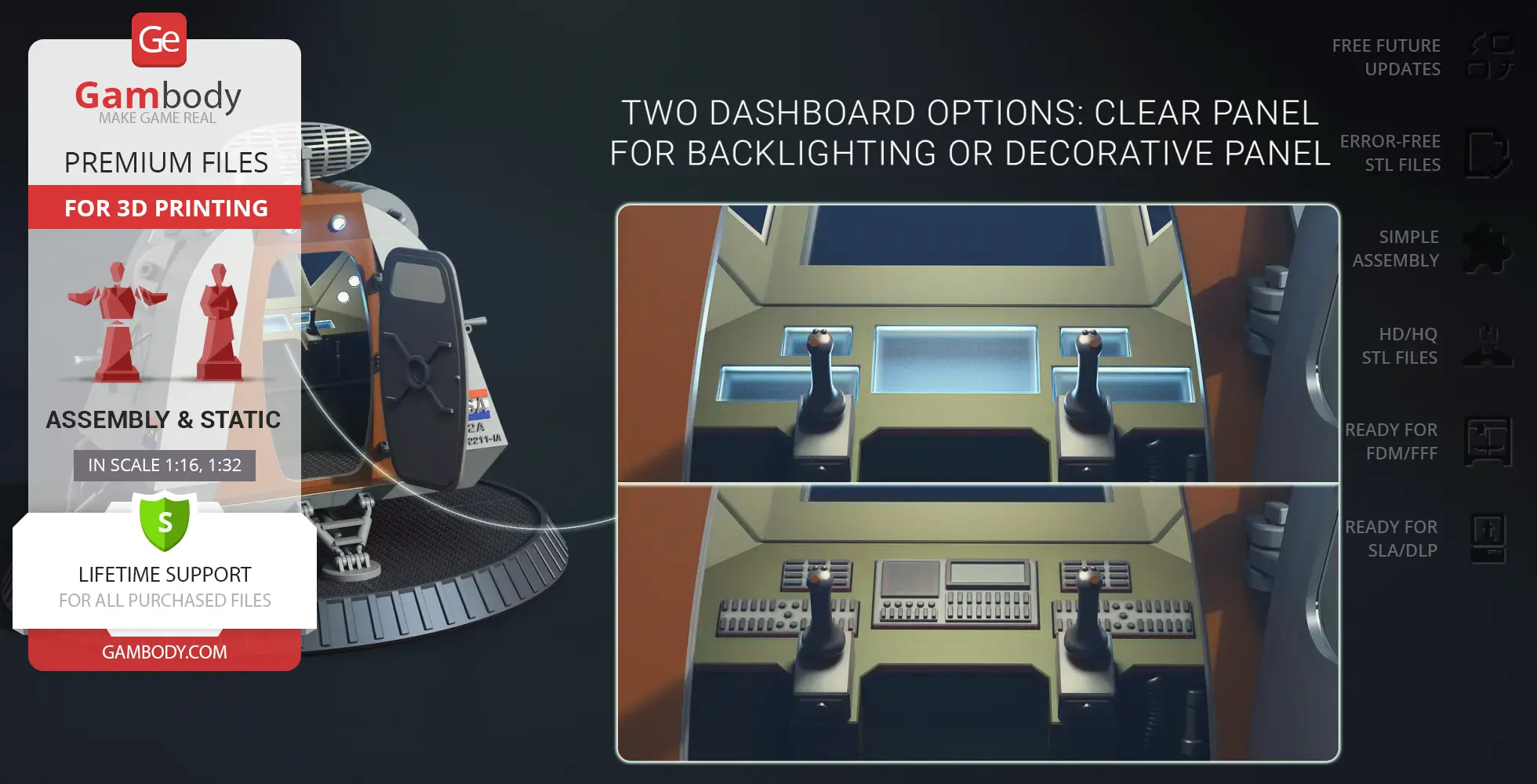 3D model kit of a space pod with detailed dashboard options for 3D printing.