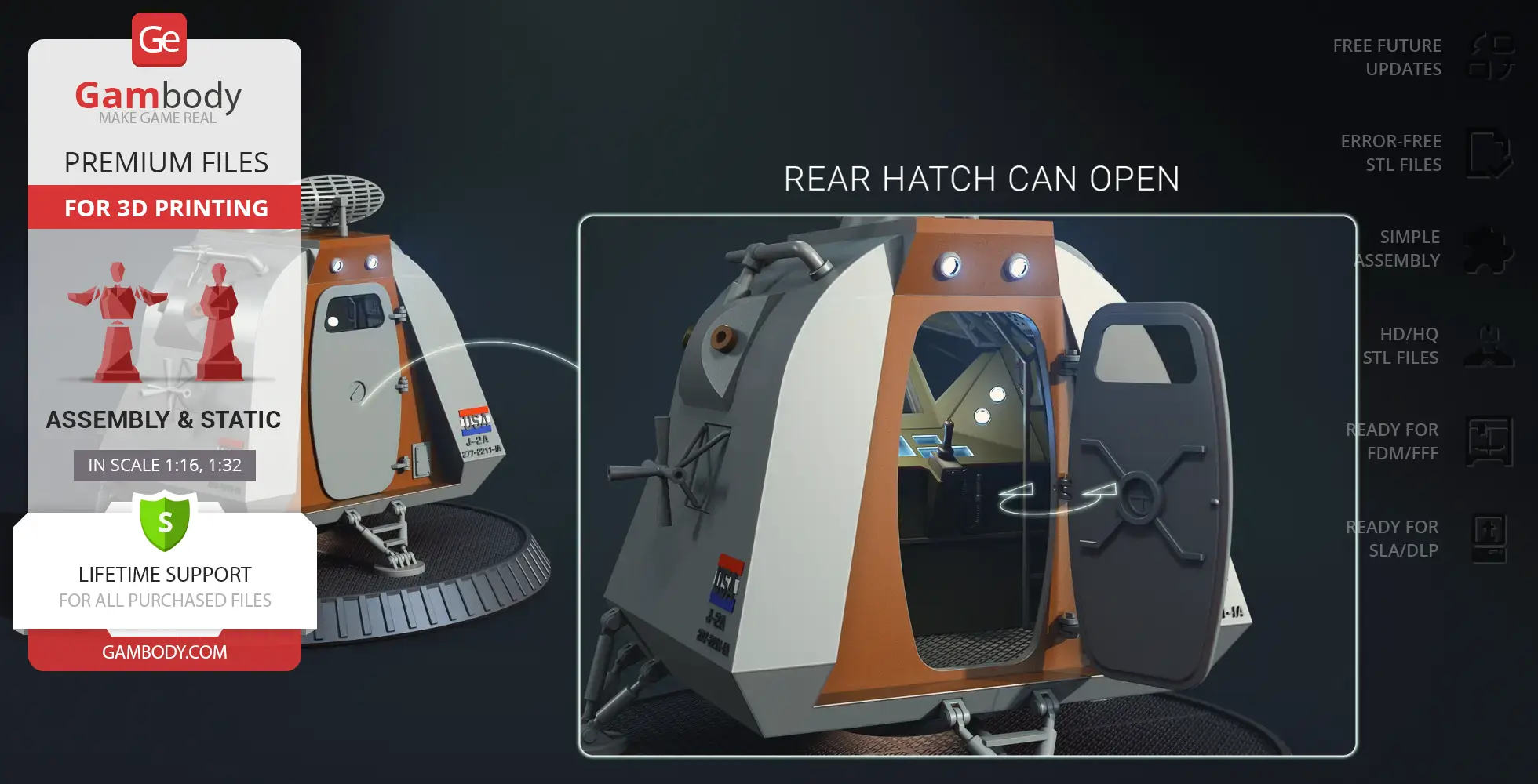 3D model of a 'Lost in Space' pod with an openable rear hatch, designed for 3D printing.